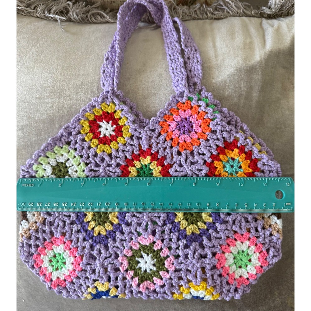 Handmade Crochet Granny Square Tote Bag PurpleMulti whimsi Boho Retro purse mini - Picture 3 of 4